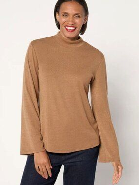 Dennis Basso Mock Neck Sweater Camel Tan Large Soft Fine Knit Pullover